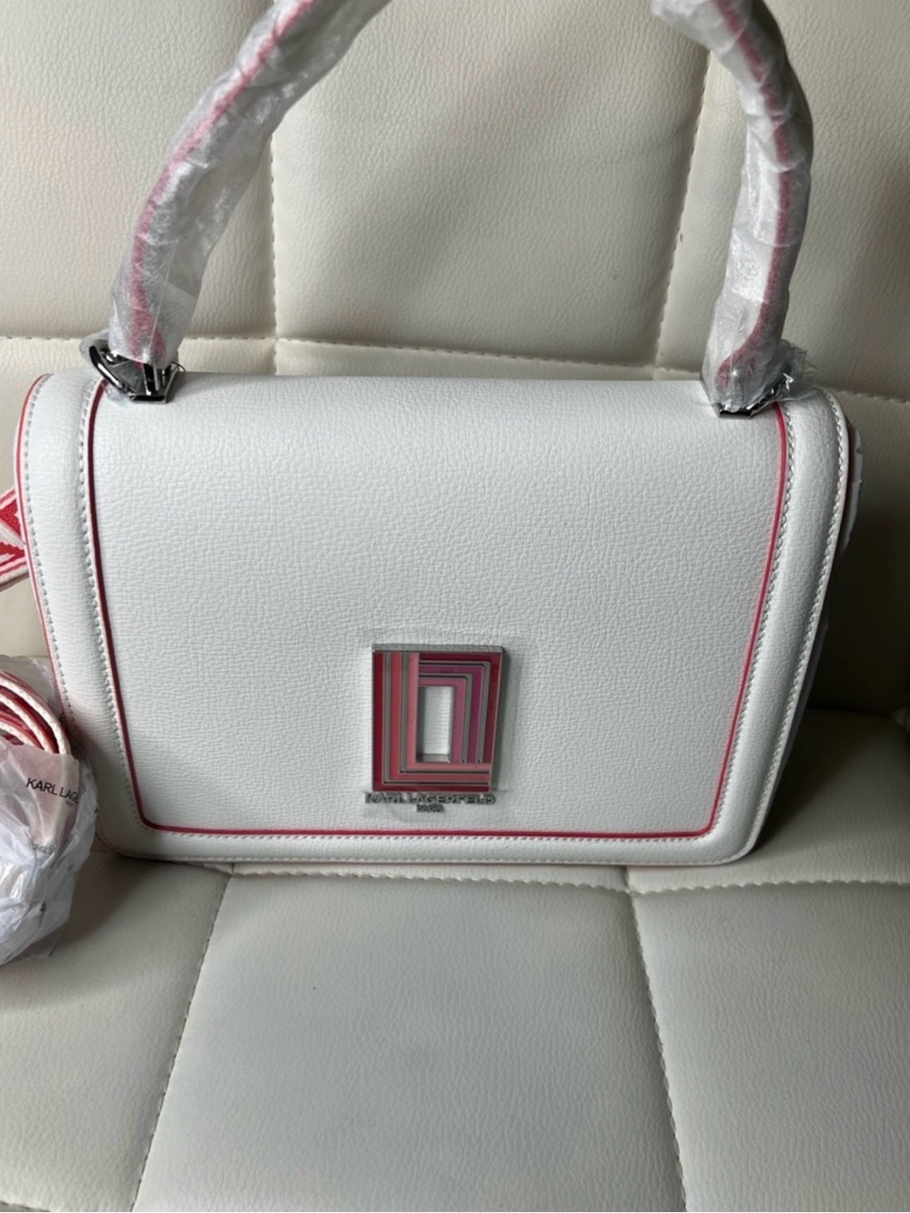 KARL LAGERFELD White Satchel with Pink Trim